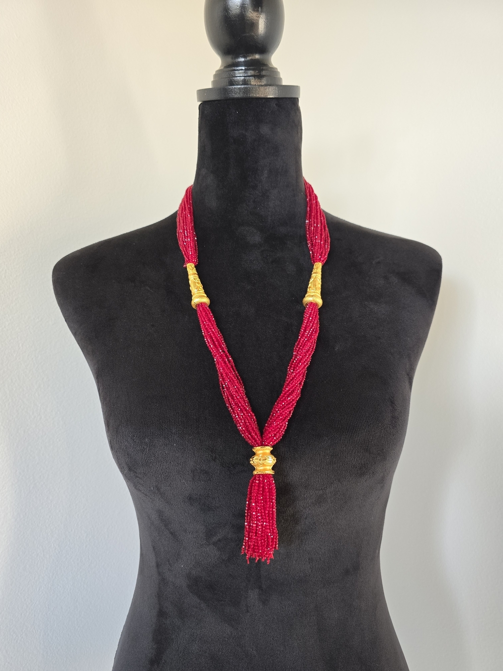Red Beaded Tassel Necklace with Gold Accents